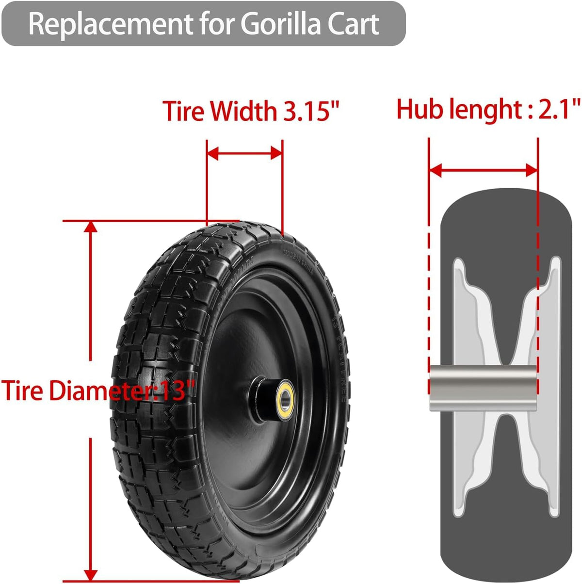 13" Tire Compatible with Gorilla Cart, 4.00-6 Flat Free Solid Tire and Wheel (Solid Polyurethane)