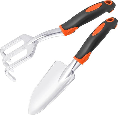 Garden Tool Set, 2 Pack Heavy Duty Gardening Tools Set Include Garden Shovel and Hand Rake Claw