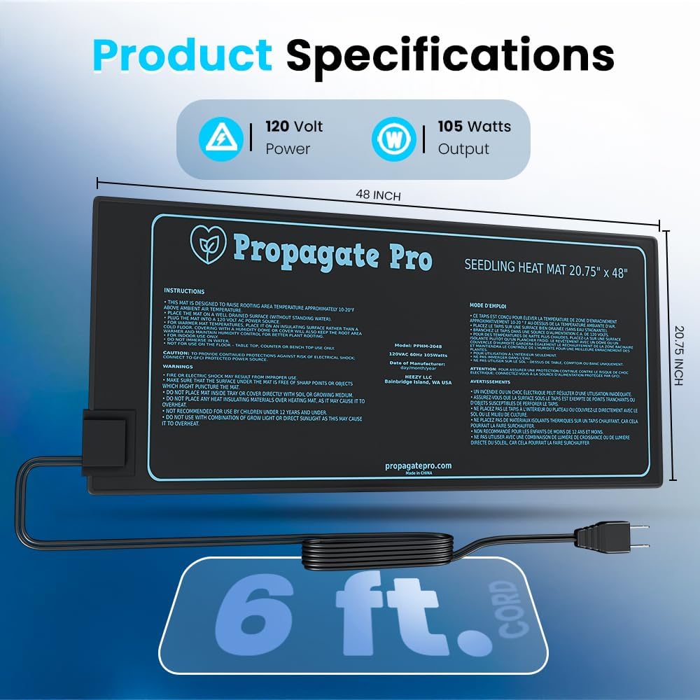 4' Foot Seedling Heating Mat | Fits (4) Standard 1020 Tray | 48" inch Germination Grow Heat Pad for
