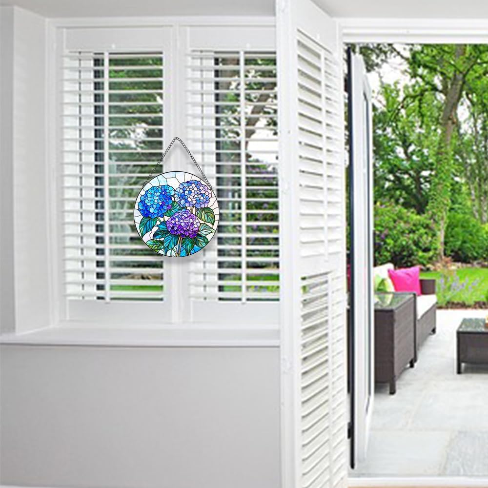 Handmade Hydrangea Flower Stained Glass Suncatcher - Vibrant Window Décor for