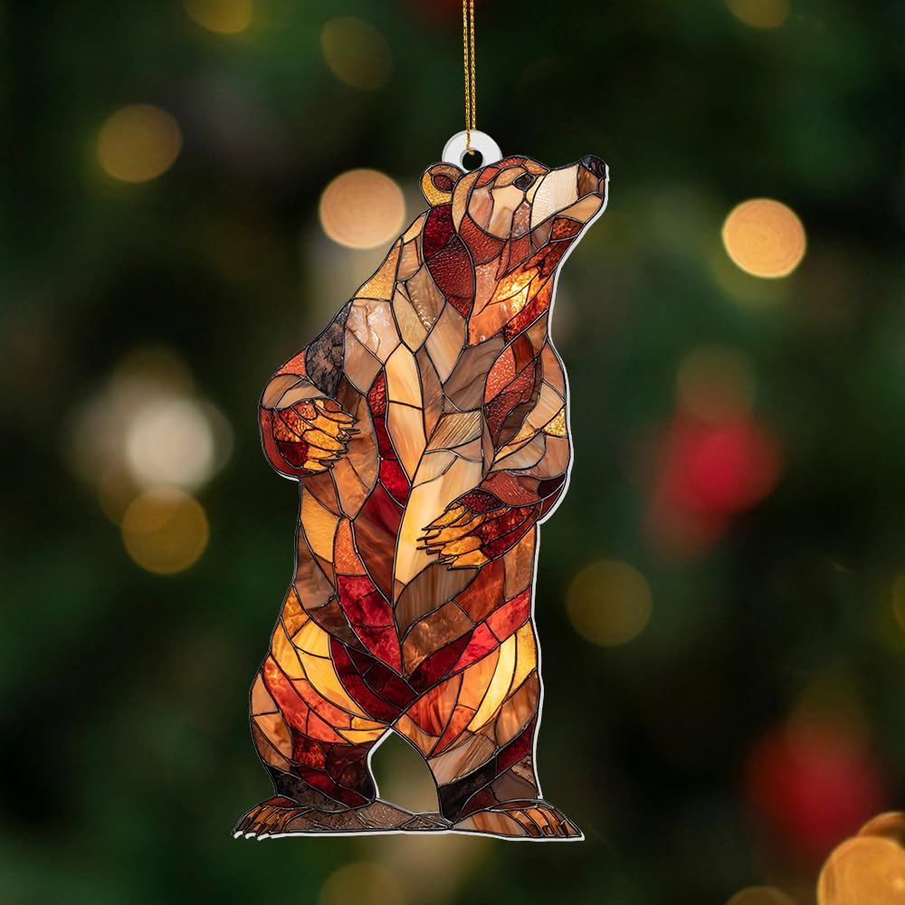 Stained Glass Acrylic Bear Ornament 2025 – Handcrafted Wildlife Christmas Tree Decoration, Rustic