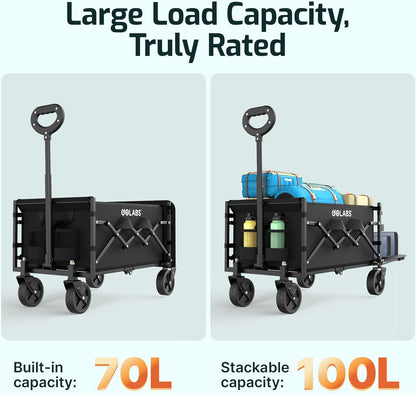 Golabs Collapsible Wagon Cart Max 350lb Load & Expandable Storage 100L, Double Bearing Design for