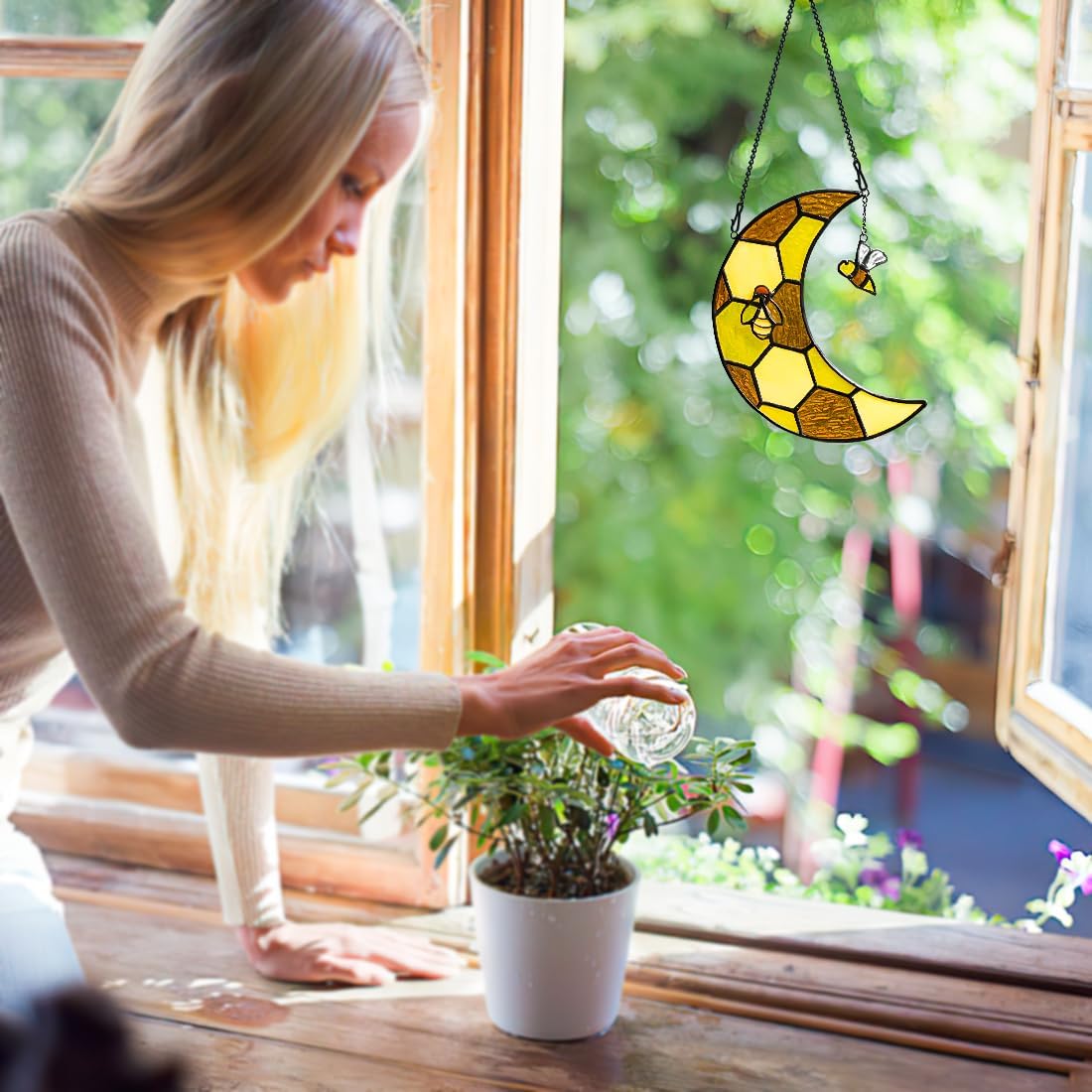 Bee Stained Glass Suncatcher for Window,Honeycomb Stained Glass Window Hanging Moon Decor,Bee Gifts