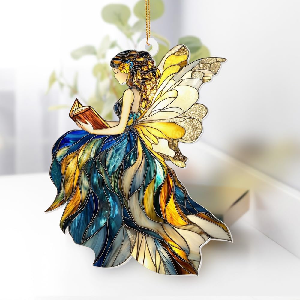 Reading Fairy Book Ornament – Stained Glass Style Acrylic Christmas Ornament, Book Lover Gift for