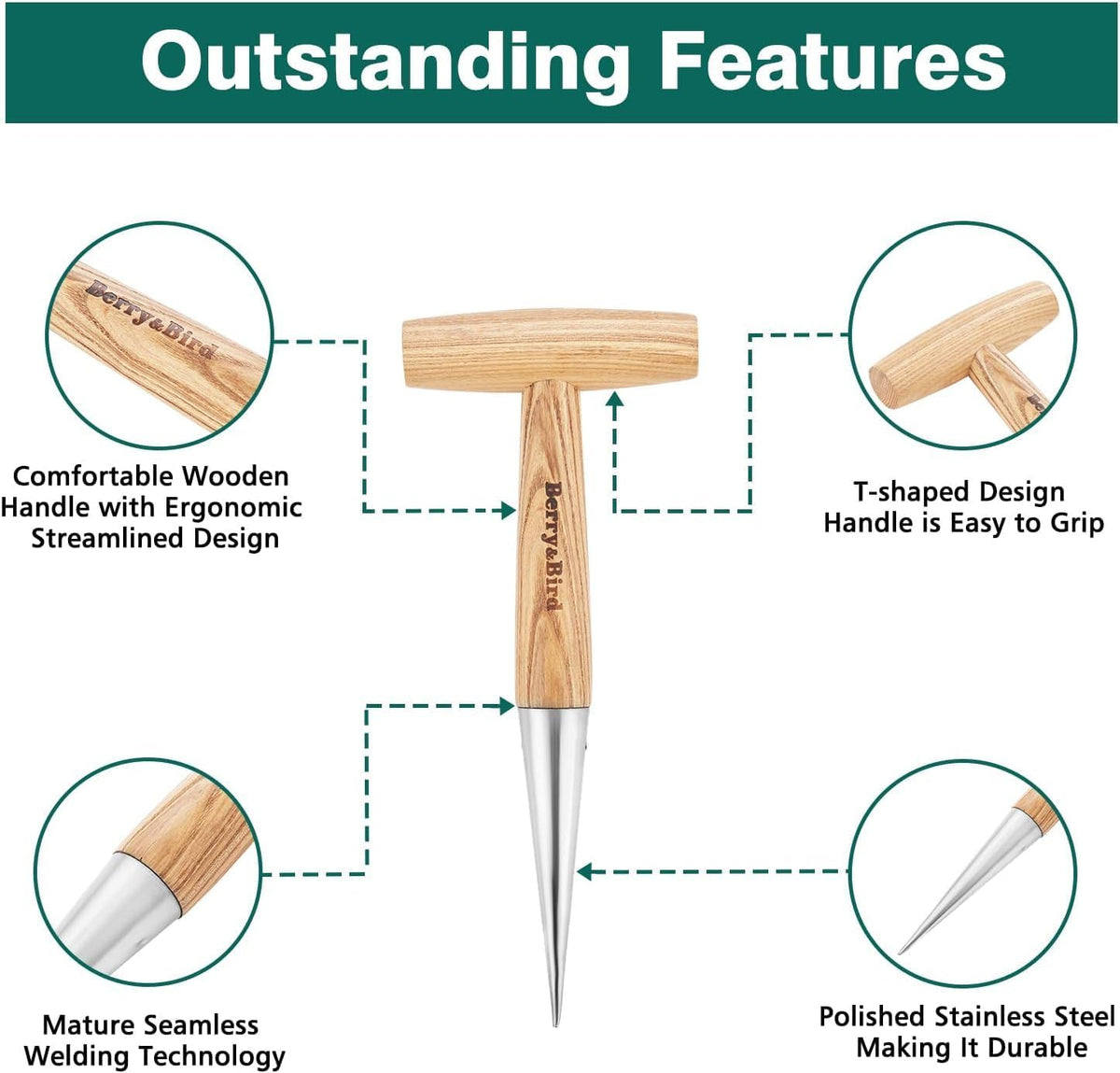 Berry&Bird Hand Dibber, Stainless Steel Sow Dibbler with Wood Handle, Garden Hole Punch Dibbler