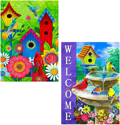 2 pieces spring summer bird garden flag welcome flag, vertical double-sided small yard flag 12 x 18