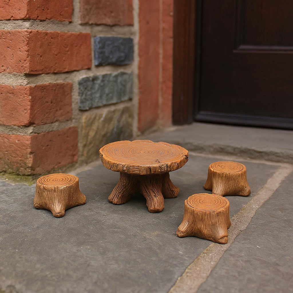 Miniature Tree Stump Garden Furniture Set, Brown Resin, Fairy Garden Decor, Indoor Outdoor