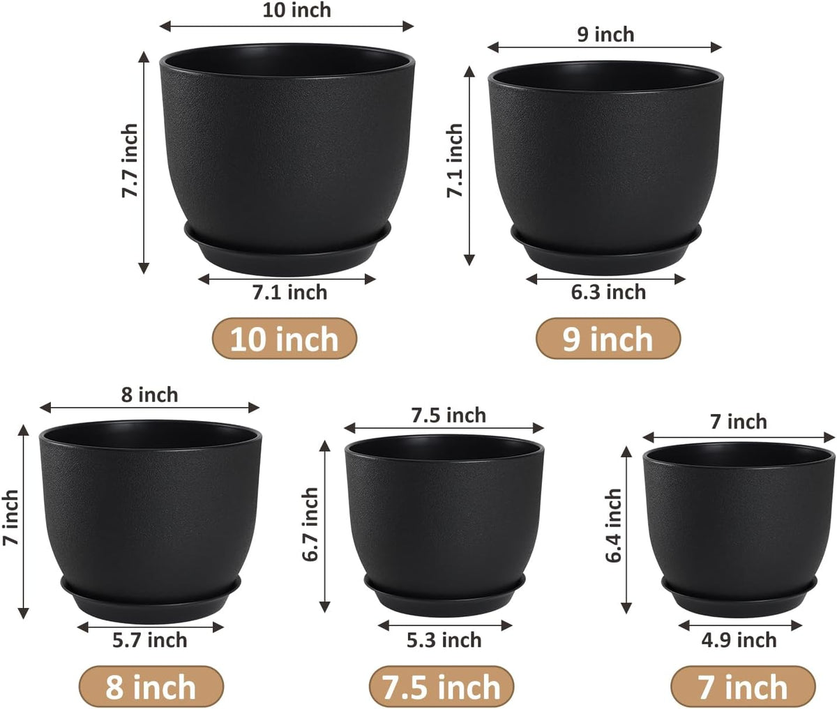 Plant Pots 10/9/8/7.5/7 inch Set of 5,Flower Pots with Multi Mesh Drainage Holes, Large Planters