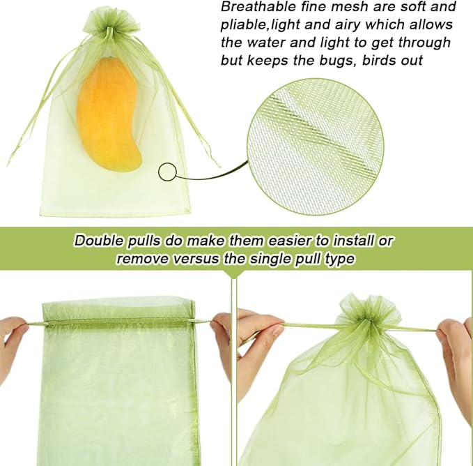 100pcs Fruit Protection Bags 8x12 inch, Green Netting Cover Bags Drawstring Mesh Fruit Protectors