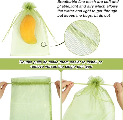 100pcs Fruit Protection Bags 8x12 inch, Green Netting Cover Bags Drawstring Mesh Fruit Protectors