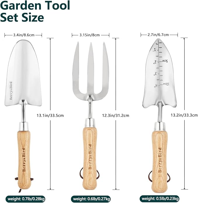 Berry&Bird Garden Tool Set- 3PCS Stainless Steel Gardening Tool Sets with Wooden Handle Trowel