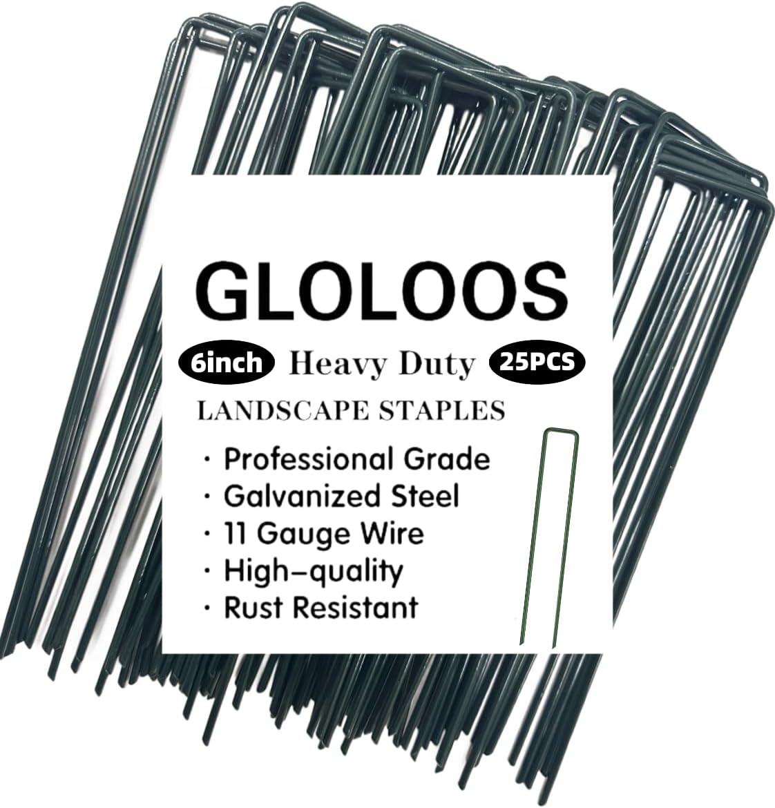 6 inch 25 Pack Green Galvanized Landscape Staples 11 Gauge Garden Stakes Pins Anti-Rust Ground