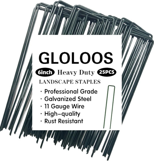 6 inch 25 Pack Green Galvanized Landscape Staples 11 Gauge Garden Stakes Pins Anti-Rust Ground