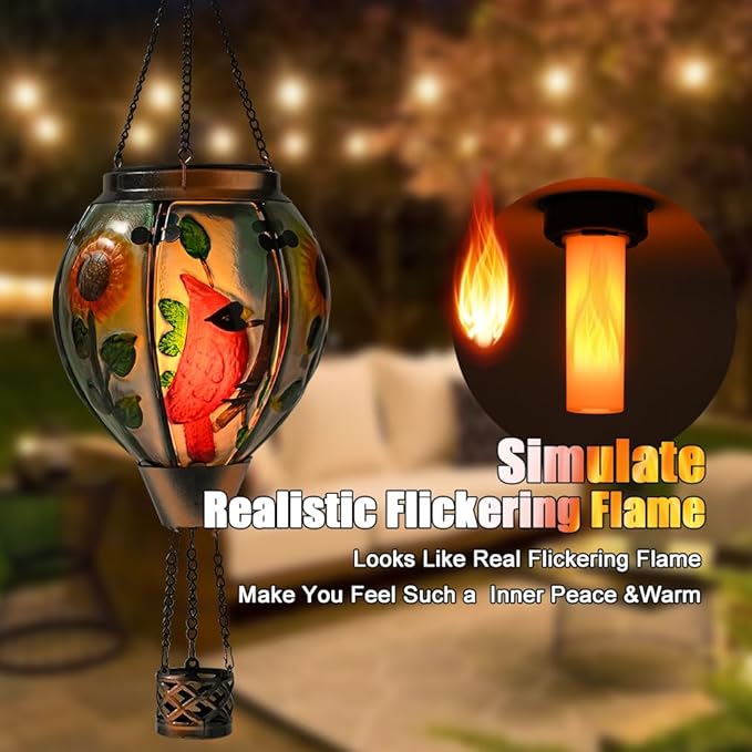 Hot Air Balloon Solar Lantern - Cardinal Bird Glass Lantern, Simulated Flickering & Dancing Flame