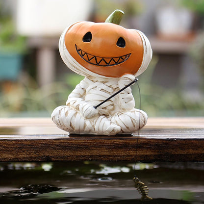Fishing Pumpkin Head Mummy Statue Funny Halloween Decorations, 3.15 Inch Cute Sitting Figurine