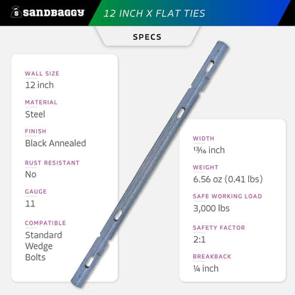 Sandbaggy 12" X Flat Ties for Concrete Forms - 11 Gauge Steel - Wall Ties Compatible with Standard