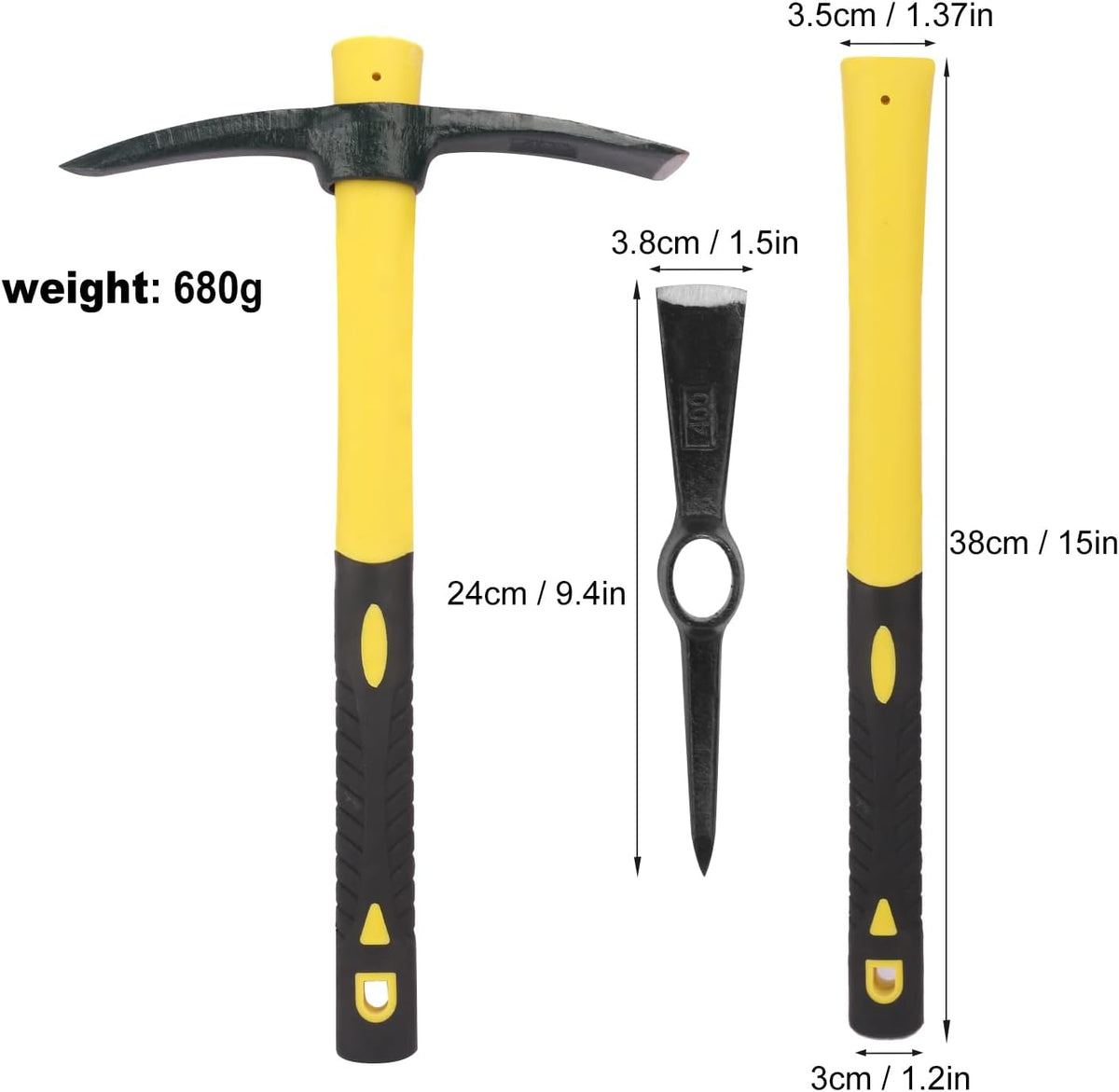 3 Packs 15 Inch Garden Pick Axes with Fiberglass Handle，Hand Pickaxe, Cast Steel of Pick Axes Head