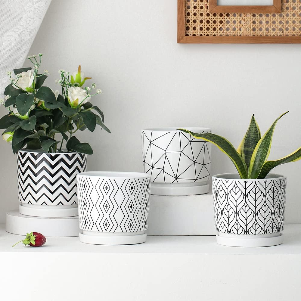 Ton Sin Plant Pots,5.5 Inch White Pots for Indoor Plants with Drainage Holes,Cylinder Flower Pot