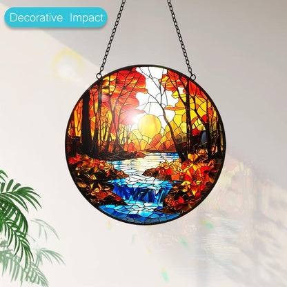 Fall Decor Sunset Suncatcher Stained Glass Window Hanging - Handmade Sun Catchers Indoor Window