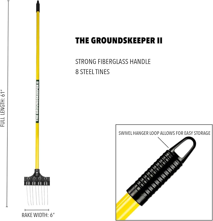 THE GROUNDSKEEPER II Mini Rake 55-inch Lightweight Fiberglass Handle, 6-inch Head, Durable Steel