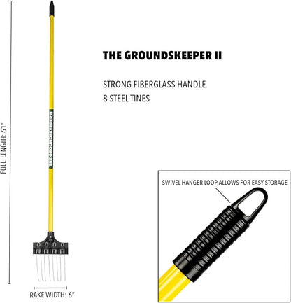 THE GROUNDSKEEPER II Mini Rake 55-inch Lightweight Fiberglass Handle, 6-inch Head, Durable Steel