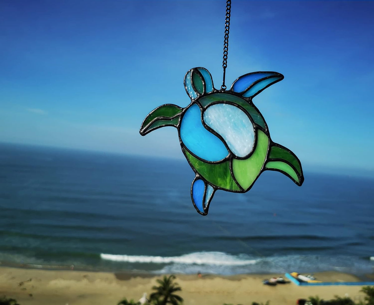 Sea Turtle Stained Glass Window Hangings Suncatcher Ornament,Sea Turtle Decor for Bathroom
