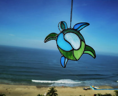 Sea Turtle Stained Glass Window Hangings Suncatcher Ornament,Sea Turtle Decor for Bathroom