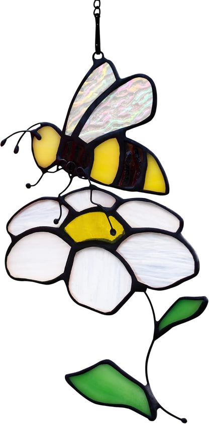 Bee Suncatcher Flower Stained Glass Window Hangings, Bee Decor Party Birthday Bee Gifts for