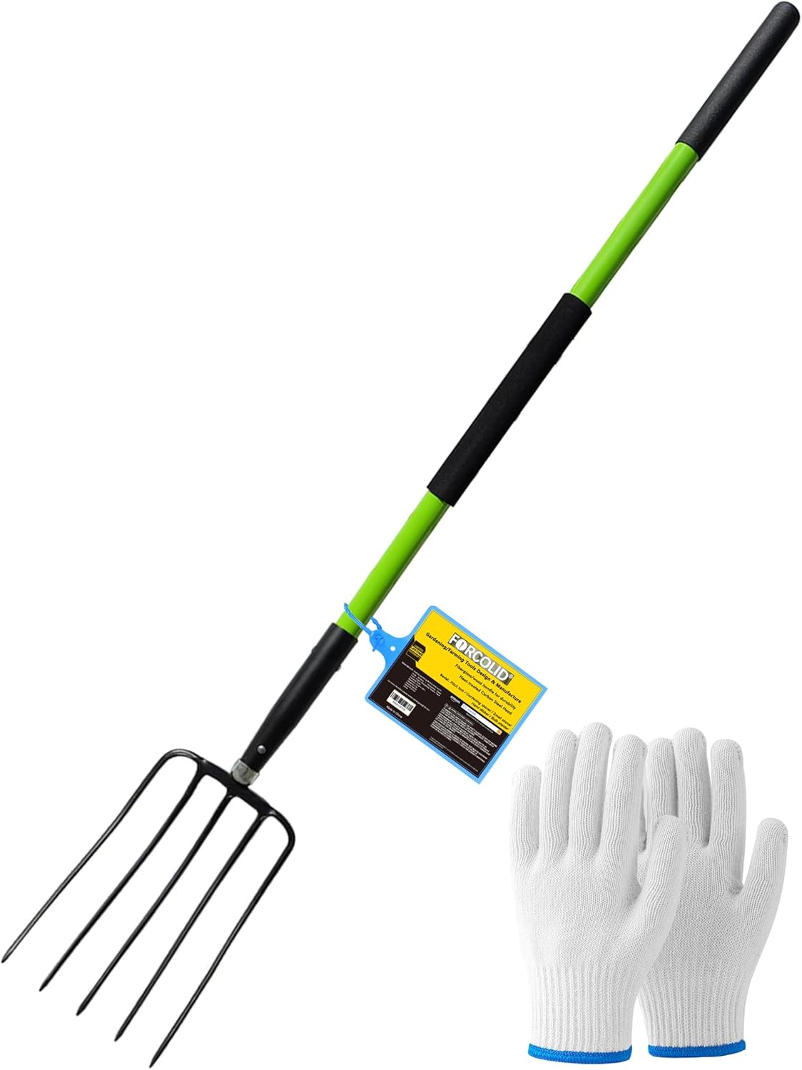 Pitch Fork-57 Inch，5-Tine Steel Garden Fork Heavy Duty, Mulch with Cushion Grip, Green Fiberglass