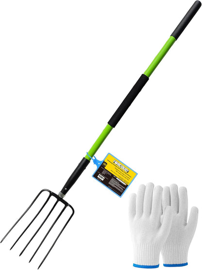 Pitch Fork-57 Inch，5-Tine Steel Garden Fork Heavy Duty, Mulch with Cushion Grip, Green Fiberglass