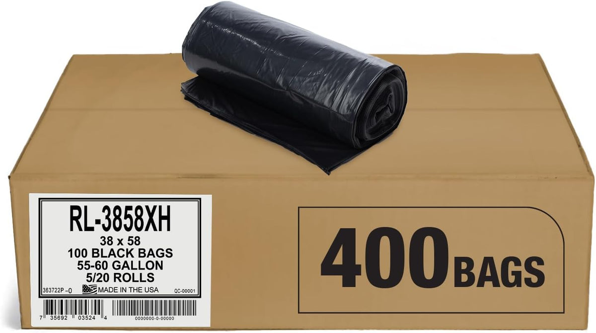Aluf Plastics 55 Gallon Trash Can Liners (400 Count) - 38" x 58" - Thick 1.5 MIL Equivalent Black