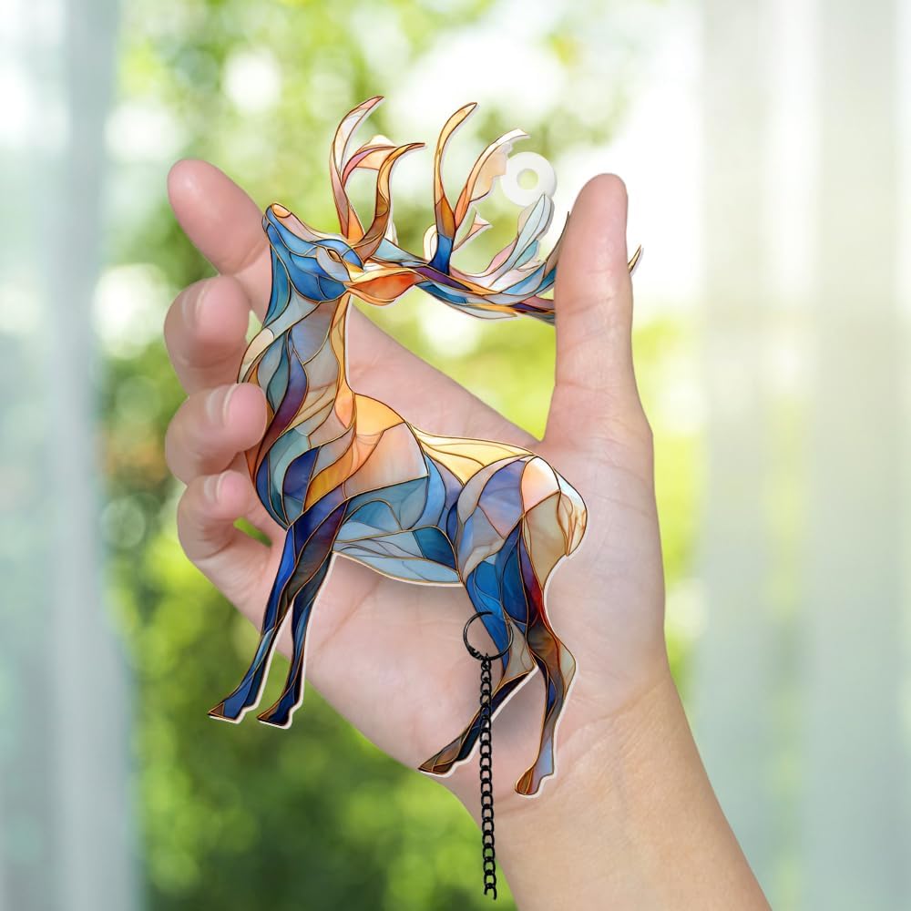 Stained Glass Deer Christmas Ornament 2025 – Reindeer Tree Decoration, Acrylic Suncatcher Window