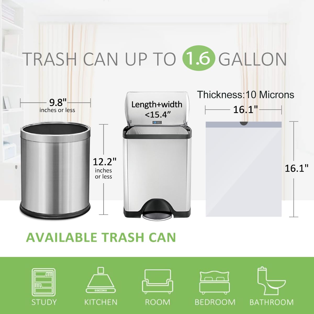 Teivio 1.6 Gallon 120 Counts Strong Drawstring Trash Bags Garbage Bags, Medium Kitchen Trash Can