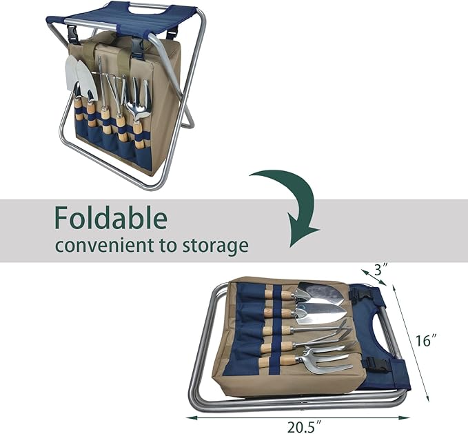 Garden Folding Gardener Stool with Gardening Tools Insulation Garden Bags Plus 5 Garden Tools and