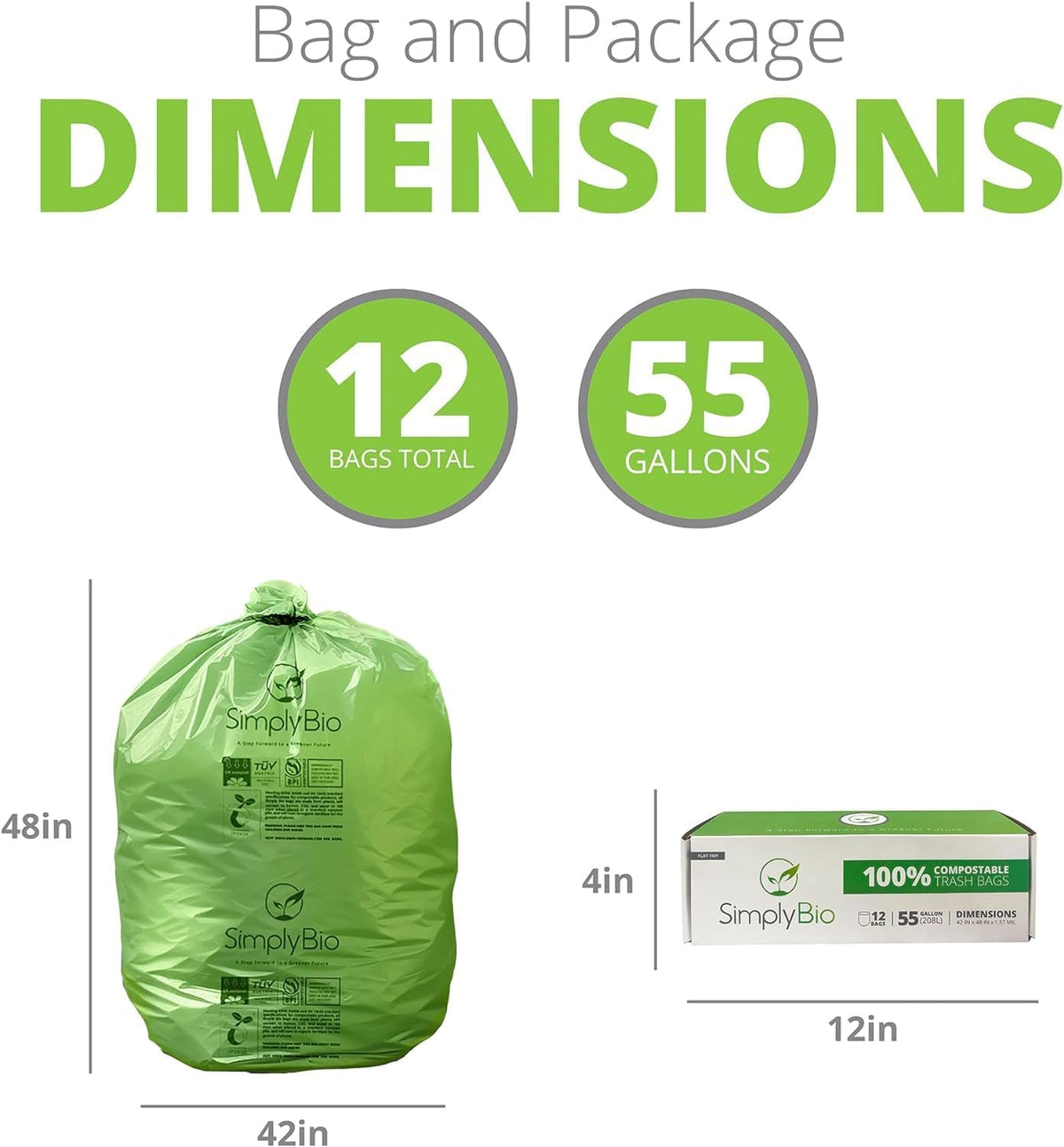 50-55 Gallon Compostable Trash Bags Flat-Top, Heavy Duty Extra Thick 1.57 Mil, 208.2 Liter, 12