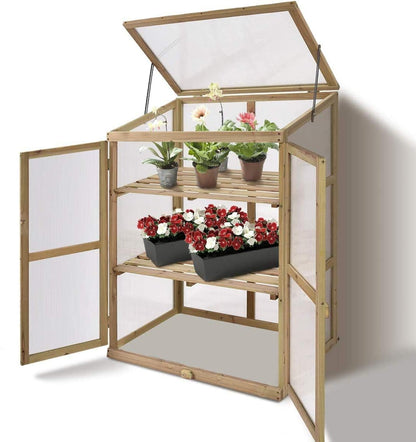 Moccha Greenhouse Wooden Cold Frame, Portable Garden Flower Planter with Removable Shelf and