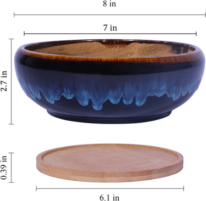 SQOWL 7 Inch Round Ceramic Succulent Planter Pot Drip Glazed Shallow Planter with Drainage Bamboo