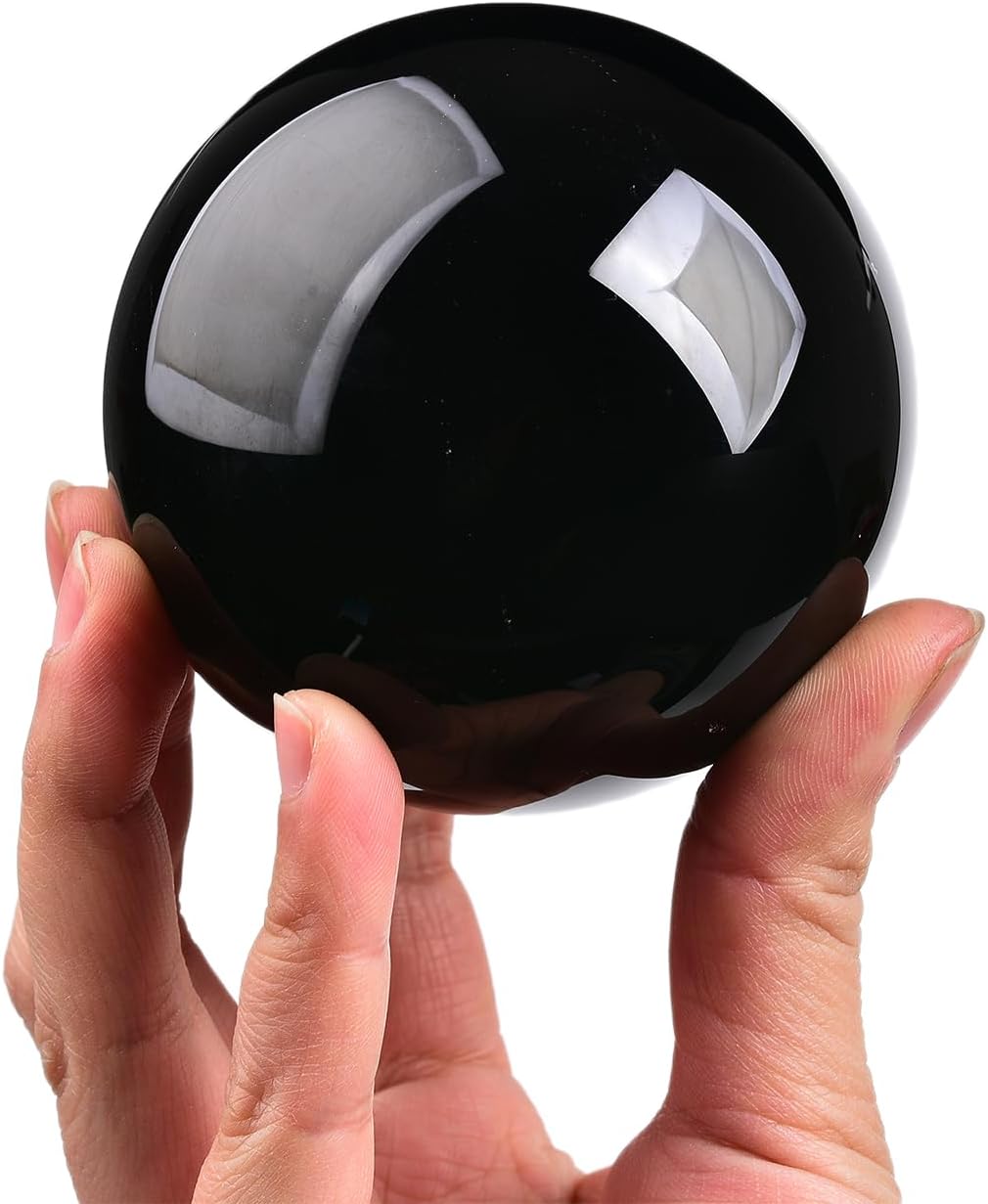 JIC Gem Small Black Crystal Ball - Obsidian Sphere with Wooden Stand for Feng Shui Healing