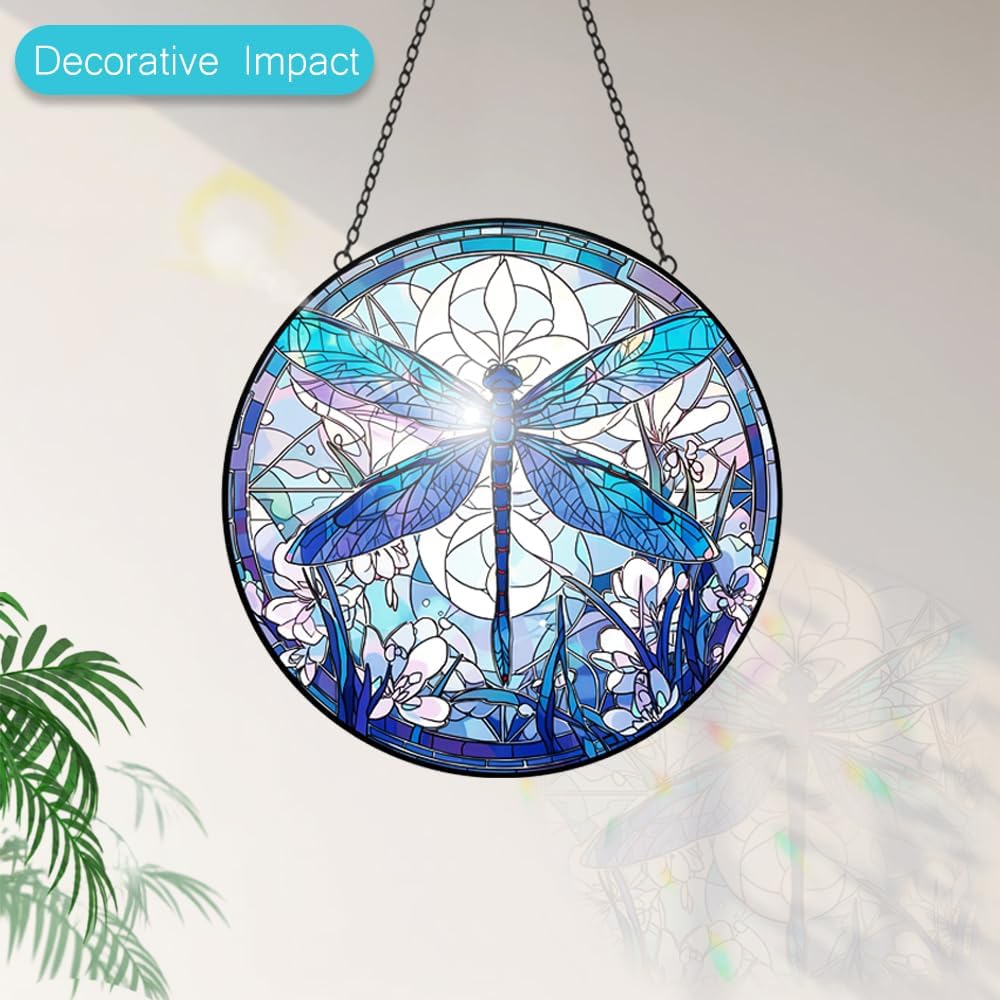 Dragonfly Suncatcher Stained Glass Window Hanging - 8” Stained Glass Suncatchers for Windows - Sun