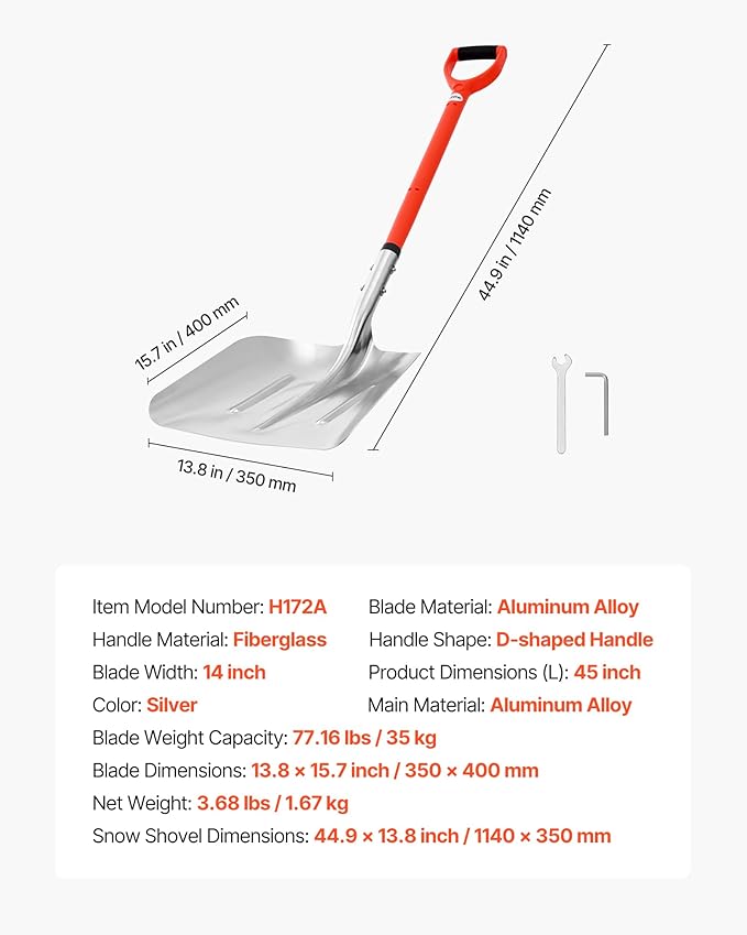 VEVOR Snow Shovel for Driveway, 14 in Wide Aluminum Alloy Snow Shovel with D-Shaped Handles, Large