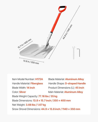 VEVOR Snow Shovel for Driveway, 14 in Wide Aluminum Alloy Snow Shovel with D-Shaped Handles, Large