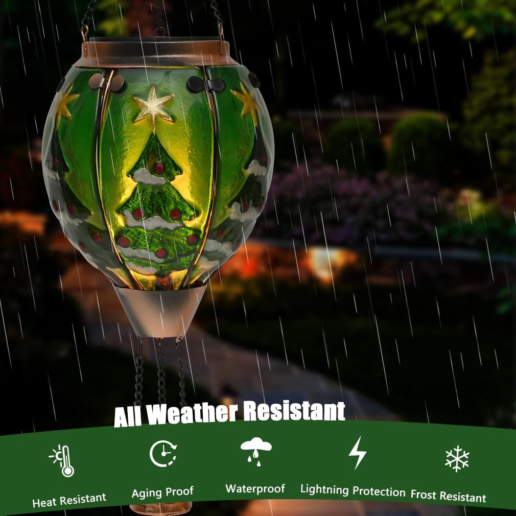 Solar Powered Hot Air Balloon Lantern - Christmas Tree Glass Lantern, Simulated Flickering &
