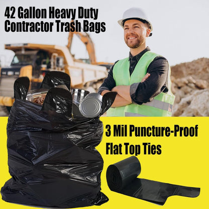 Contractor Heavy Duty Trash Bags 42 Gallon | 10 Count | 3 MIL | 32.8" X 46" | Large Black Flap Tie