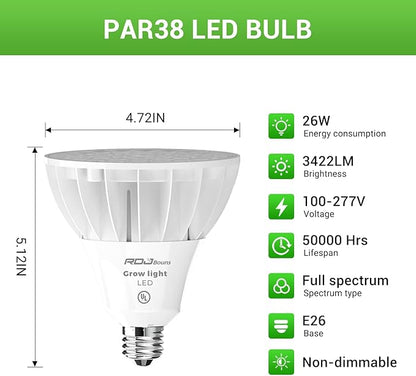 RDJ Bouns 26W Grow Light Bulb for Indoor Plants, E26 Base, 3422LM 300W Equivalent, High PPFD with