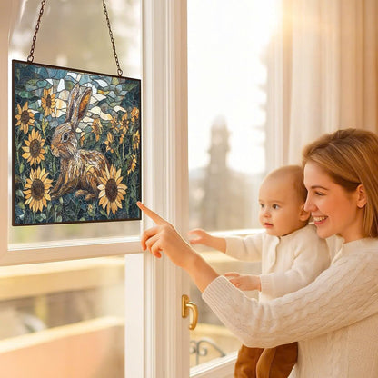 Customized Rectangle Art Nouveau Sunflower Rabbit Suncatchers for Windows, Stained Glass Window