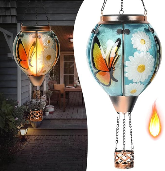 Hot Air Balloon Solar Lantern - Butterfly Stained Glass Lantern, Simulated Flickering & Dancing