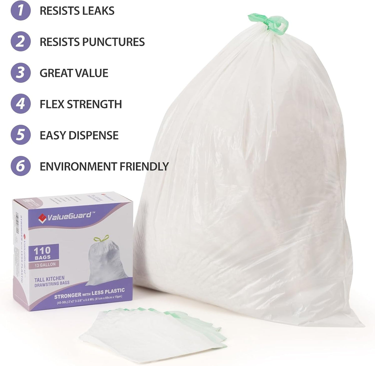 Trash Bags Garbage Bag 13 Gallon Drawstring Tall Waste Bag for Kitchen Office Party 0.6 Mil (110