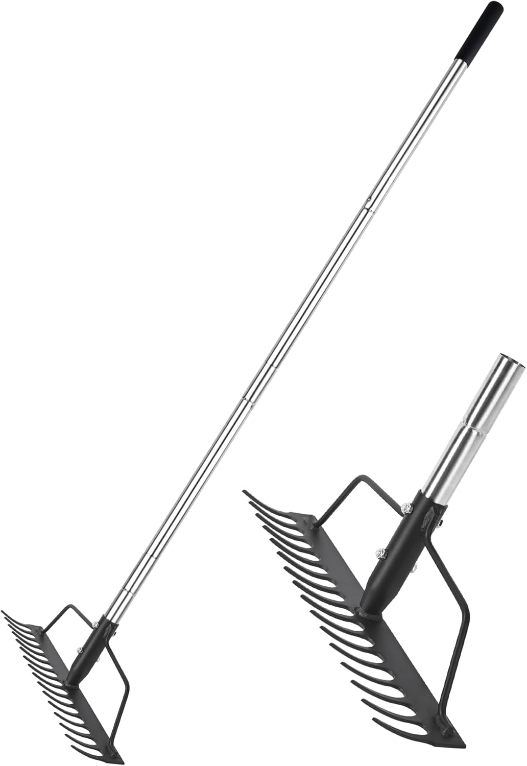 15 Inch Wide Bow Rake, 16 Steel Tines Metal Head Rake Tool with Stainless Steel Handle, Adjustable