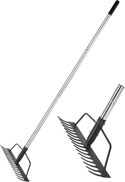 15 Inch Wide Bow Rake, 16 Steel Tines Metal Head Rake Tool with Stainless Steel Handle, Adjustable
