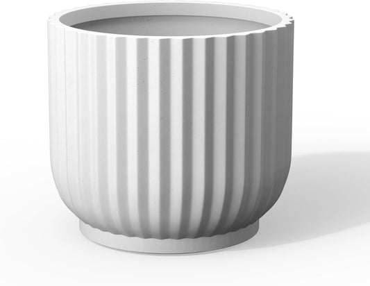 Kante Round Fulted Planter, 14 Inch Dia Large Concrete Plant Pots with Drainage Hole and Rubber